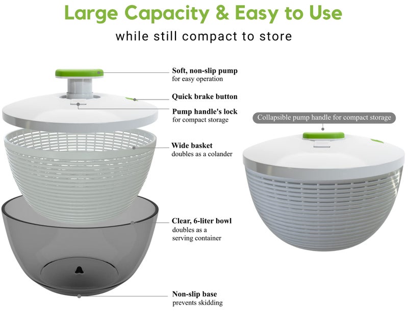 Brieftons 6.2-Quart Large Salad Spinner: Vegetable Washer Dryer Drainer Strainer with Bowl & Colander, Easy One-Handed Pump, Compact Storage, for Washing, Cleaning & Drying Greens, Vegetables, Fruits - Image 5